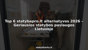 Statybų komanda objekto biure aptaria brėžinius.