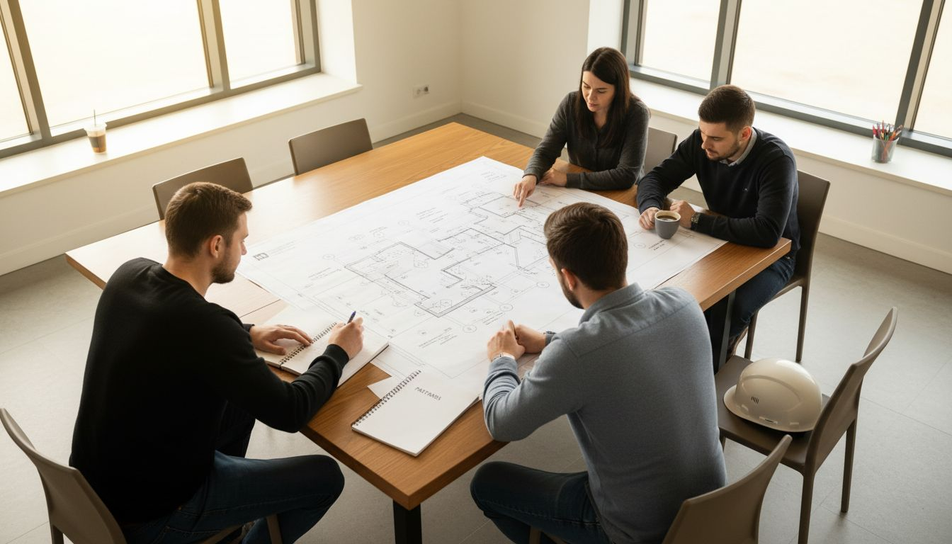 Darbo grupė biure aptaria statybų projektą ir derina jo detales.