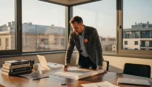 Inžinierius prie lango biure kruopščiai nagrinėja brėžinius