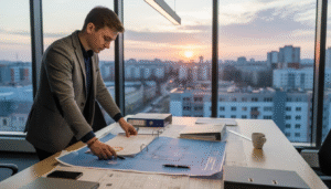 Inžinierius biure nagrinėja statybos projektų brėžinius.