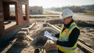 Statybų vadovas apžiūri ir vertina brėžinius statybvietėje.