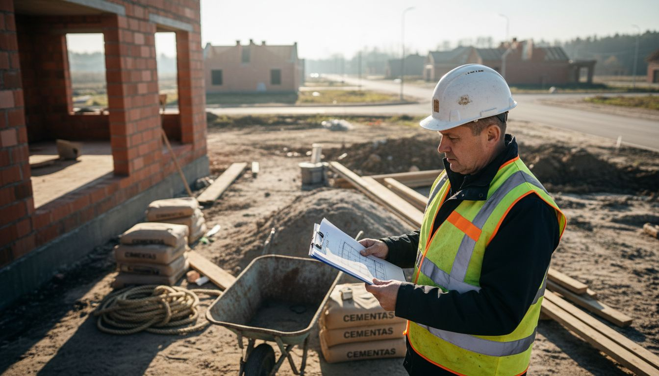 Statybų vadovas apžiūri ir vertina brėžinius statybvietėje.