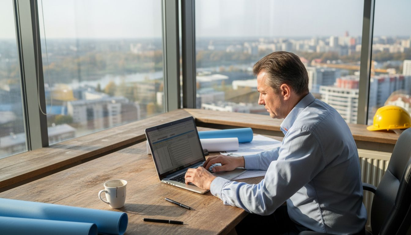 Projektų vadovas miesto savivaldybėje peržiūri projektų brėžinius ir dokumentus