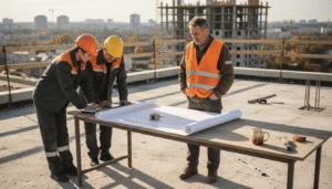 Statybų vadovas ant stogo derina būsimo projekto planą.