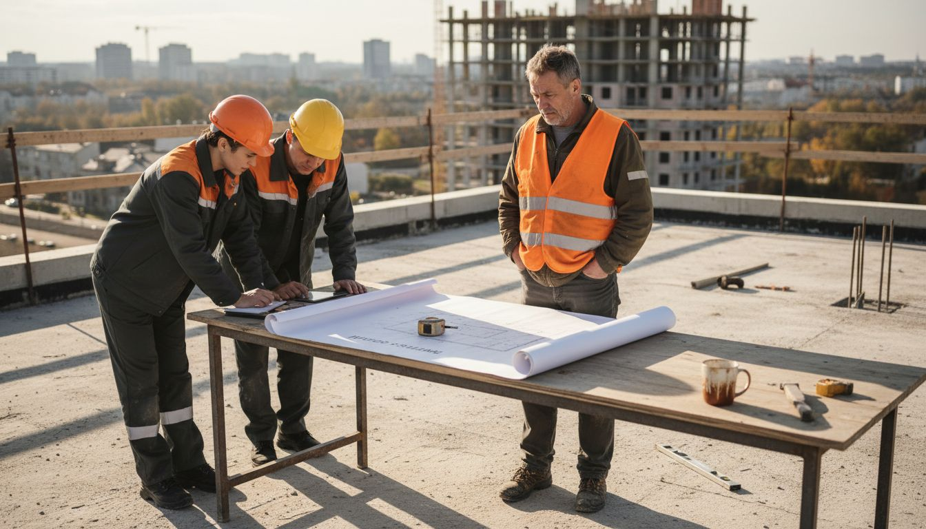 Statybų vadovas ant stogo derina būsimo projekto planą.