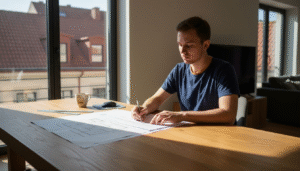 Vyras prie stalo dėlioja statybų sąmatą.