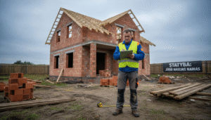 Statybų vadovas apžiūrinėja plytinį namą, kuris dar tik statomas.