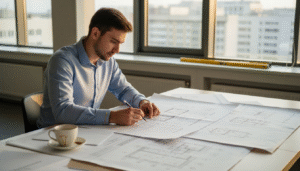 Statybų projektų vadovas biure dažnai analizuoja ir tvarko brėžinius, planuodamas tolimesnius darbus.